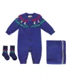 Bobo Choses Baby Beneath The Moon Onesie, Socks, And Blanket Set In Blue