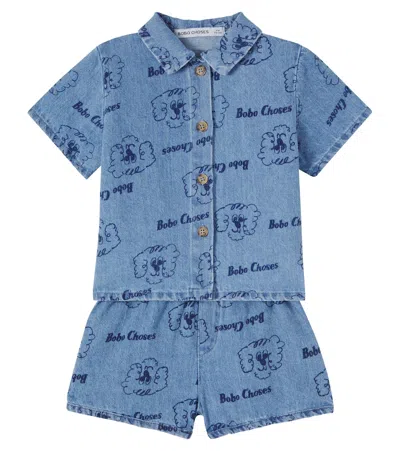 Bobo Choses Baby Pickles The Dog Denim Shirt And Shorts Set In Blue