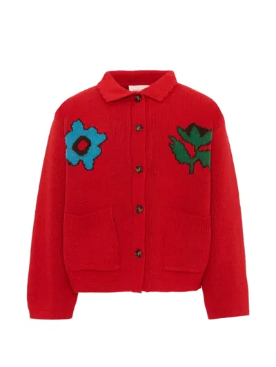 Bobo Choses Kids' Blossom Flower-intarsia Collared Cardigan In Red