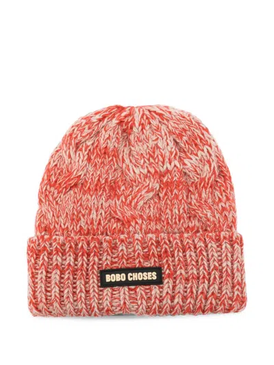 Bobo Choses Kids' Cable-knit Logo-patch Beanie Hat In Orange