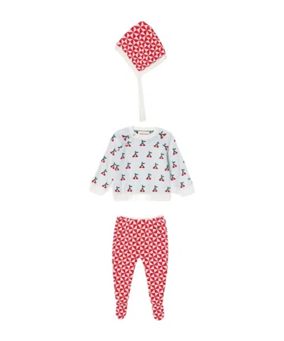 Bobo Choses Cherry Pattern Sweater, Elastic Waist Pants, Hat In White