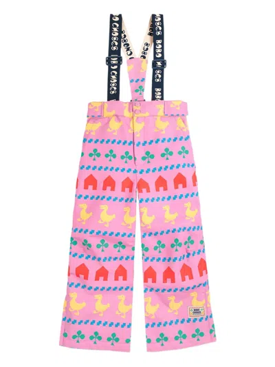 Bobo Choses Kids' Duck-print Suspender Trousers In Pink