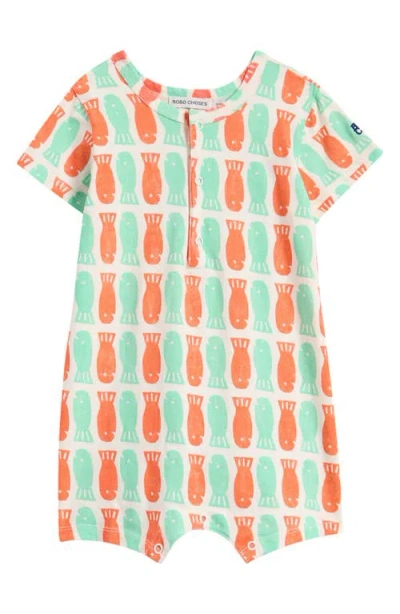 Bobo Choses Babies'  Fish Print Organic Cotton Henley Romper In Off White