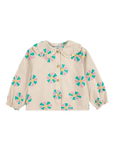 Bobo Choses Babies' Floral-print Ruffled-collar T-shirt In Neutral