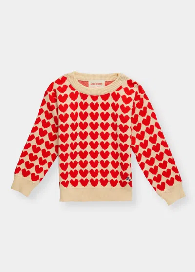 Bobo Choses Kids' Girl's Hearts Intarsia Knit Sweatshirt In Beige