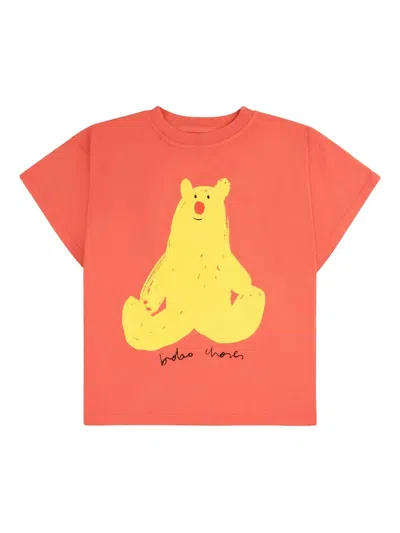 Bobo Choses Red T-shirt For Kids With Bear Print In Pink