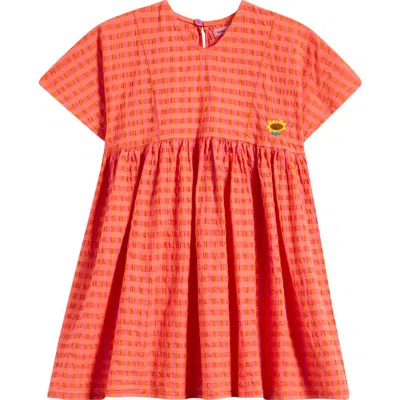 Bobo Choses Kids' Vichy Sunflower Embriodered Stripe Seersucker Dress In Fuchsia