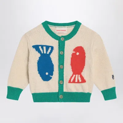 Bobo Choses Lucky Fish Ivory/green Cardigan In Multicolor