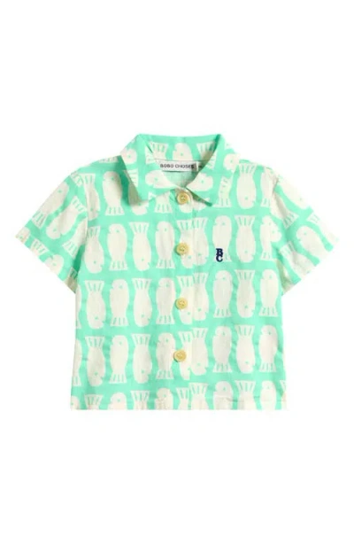 Bobo Choses Babies'  Lucky Fish Short Sleeve Organic Cotton Button-up Shirt In Light Green