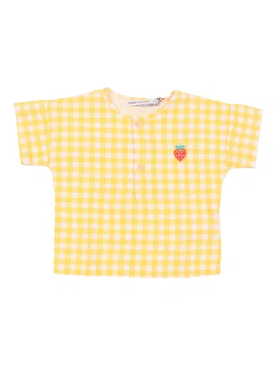 Bobo Choses Kids'  Pixel Strawberry Vichy Woven Blouse In Yellow