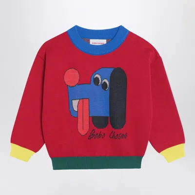 BOBO CHOSES BOBO CHOSES RED SWEATER WITH LOGO INTARSIA