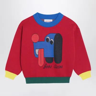 BOBO CHOSES RED SWEATER WITH LOGO INTARSIA