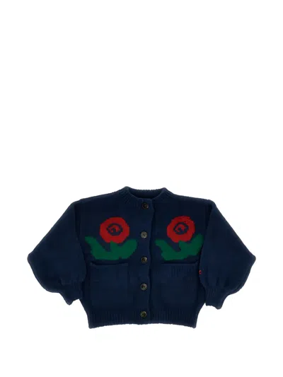 Bobo Choses Kids' Rose-intarsia Knitted Cardigan In Blue