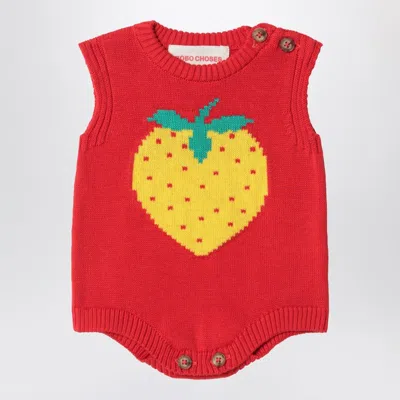 Bobo Choses Strawberry Romper In Cotton Knit In Red