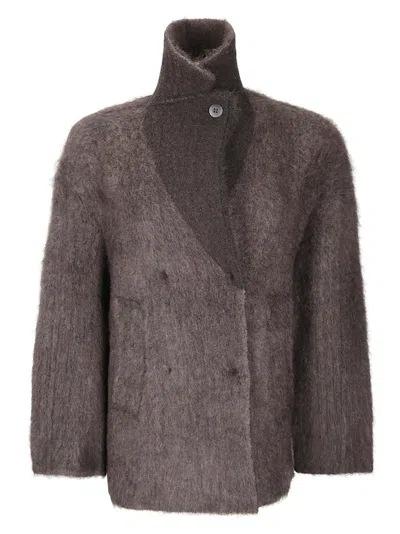 Boboutic Double-breasted Knit Jacket With Textured Finish In Gray