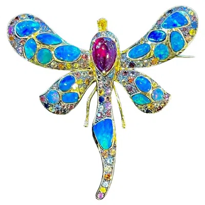 Pre-owned Bochic � Butterfly� Vintage Opal, Ruby & Sapphire Vintage Brooch Set 18k Gold In Blue