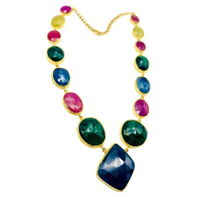 Pre-owned Bochic “capri” Blue, Multi Sapphire, Emerald & Ruby Necklace Set 18k Gold & Silv In Green
