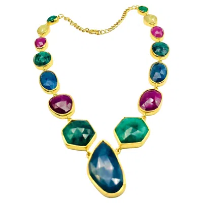Pre-owned Bochic “capri” Blue, Multi Sapphire, Emerald & Ruby Necklace Set 18k Gold & Silv In Green