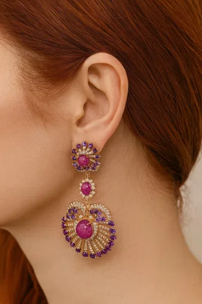 Pre-owned Bochic “capri” Earrings, Ruby, Amethyst, Tanzanite & Topaz, Silver & 18k Gold & In Purple