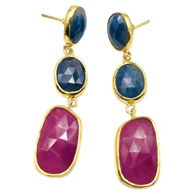 Pre-owned Bochic “capri” Emerald, Ruby & Multi Rough Cut Sapphire Earrings Set In 18k Gold In Blue