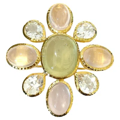Pre-owned Bochic “capri” Italian Rose Quartz & Multi Gem Brooch Set In 18k Gold & Silver In Red