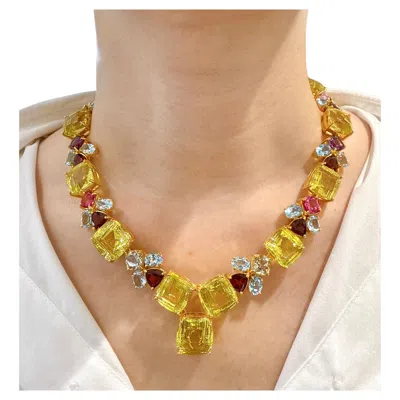 Pre-owned Bochic “capri” Lemon Quartz, Blue Topaz & Rose Rosrite Necklace - 18k Gold & Si In Red
