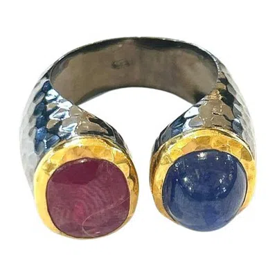 Pre-owned Bochic “capri” Natural Blue Sapphire & Red Ruby Ring Set In 18k Gold & Silver