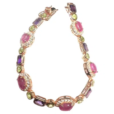 Pre-owned Bochic “capri” Natural Ruby, Amethyst & Peridot Bracelet Set 18k Gold & Silver In Purple