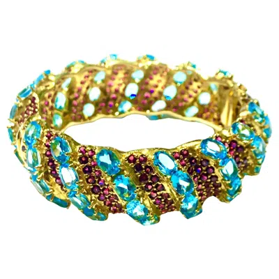 Pre-owned Bochic “capri” Natural Ruby & Blue Topaz Bangle Set In 18k Gold & Silver