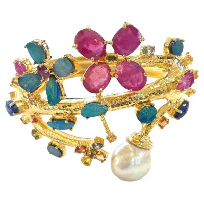 Pre-owned Bochic “capri” Natural Ruby, Sapphire & Blue Opal Bangle Set In 18k Gold&silver