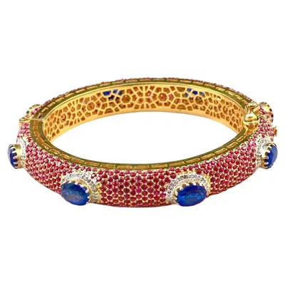 Pre-owned Bochic “capri” Natural Ruby, Sapphire & Diamond Bangle Set In 18k Gold & Silver In Blue