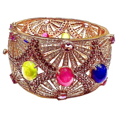 Pre-owned Bochic “capri” Natural Ruby, Sapphire & Emerald Cuff Set In 18k Gold & Silver In Green