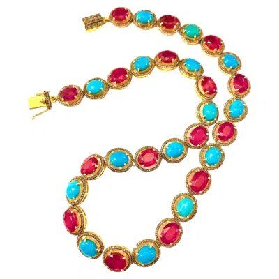 Pre-owned Bochic “capri” Natural Ruby, Turquoise & Diamond Necklace & Earrings Set 18k Gol In Multi