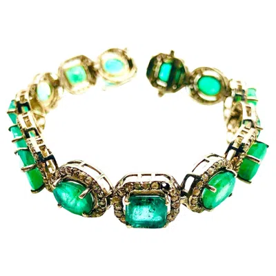 Pre-owned Bochic “capri” Natural Zambian Emerald & Diamond Bracelet Set 18k Gold & Silver In Green
