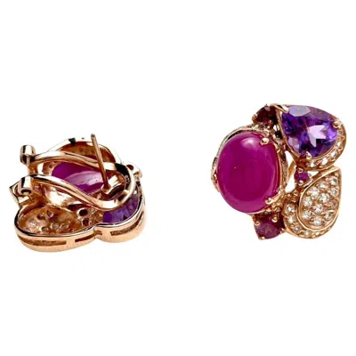Pre-owned Bochic “capri” Ruby, Amethyst & White Topaz Earrings Set In 18k Gold & Silver