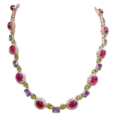 Pre-owned Bochic “capri” Ruby, Amethyst, Peridot Necklace & Earrings Set 18k Gold & Silver In Purple