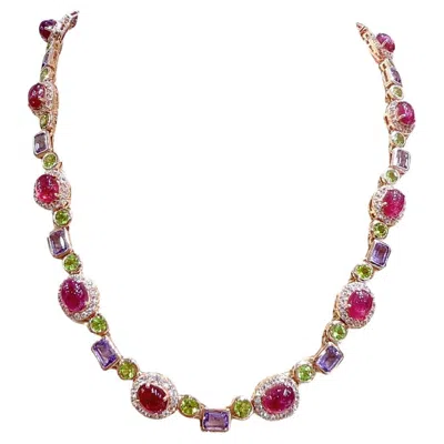 Pre-owned Bochic “capri” Ruby, Amethyst, Peridot Necklace & Earrings Set 18k Gold & Silver In Purple