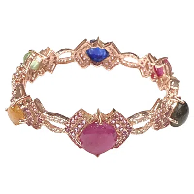 Pre-owned Bochic “capri” Ruby & Multi Color Gem & Sapphire Bangle Set In 18k Gold & Silver In Blue