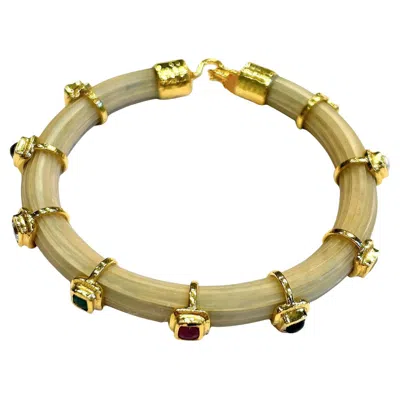 Pre-owned Bochic “capri” Ruby & Multi Color Sapphire Bangle Set In 18k Gold & Silver In Blue