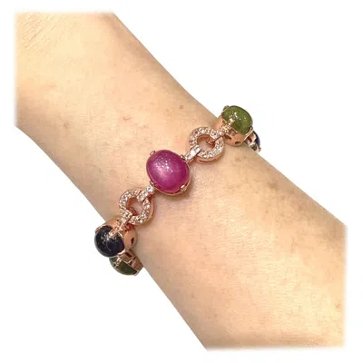 Pre-owned Bochic “capri” Ruby & Multi Color Sapphire Bracelet Set In 18k Gold & Silver In Blue