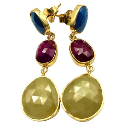 Pre-owned Bochic “capri” Ruby & Multi Rough Cut Sapphire Earrings Set In 18k Gold & Silver In Blue