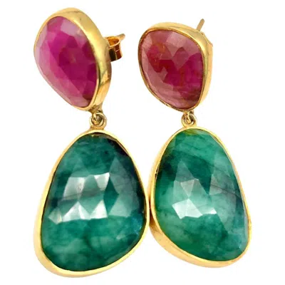 Pre-owned Bochic “capri” Ruby & Rough Cut Emeralds Set In 18k Gold & Silver In Multi