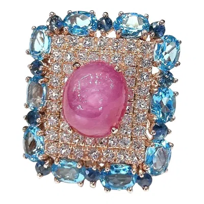 Pre-owned Bochic “capri” Ruby & Topaz & Blue Topaz Ring Set In 18k Gold & Silver