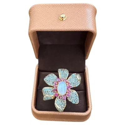 Pre-owned Bochic “capri” Ruby, Fire Opal & Blue Topaz Flower Ring Set 18k Gold & Silver
