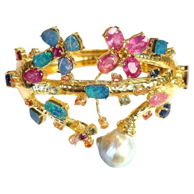 Pre-owned Bochic “capri” Ruby, Sapphire, Opal, Pearl & Multi Gem Cuff Set In 18k & Silver