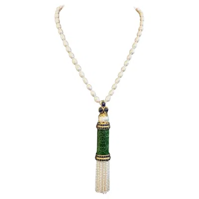 Pre-owned Bochic “capri” Sapphire, Vintage Jade & Pearls Necklace Set In 18k Gold & Silver In Green