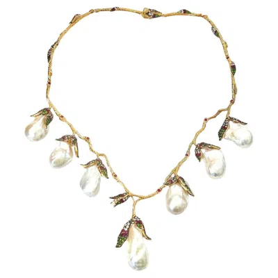 Pre-owned Bochic “capri” Vintag Pearl, Ruby & Multi Gem Necklace 18k & Silver