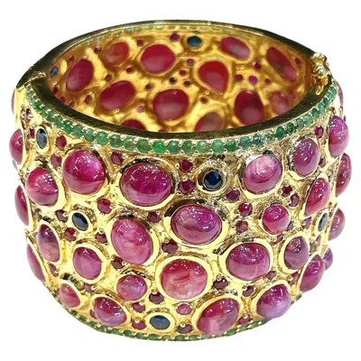 Pre-owned Bochic “capri” Vintage 167 Carat Multi Ruby & Emerald Cuff 18k Gold & Silver In Green