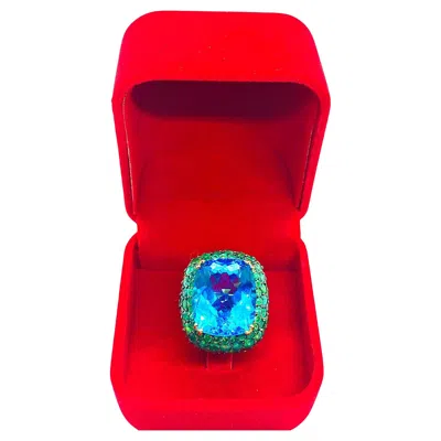 Pre-owned Bochic Capri Vintage 16ct London Blue Topaz & Emerald Ring, 18k Gold & Silver In Green