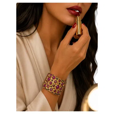 Pre-owned Bochic “capri” Vintage 172 Carat Multi Ruby & Emerald Cuff 18k Gold & Silver In Green